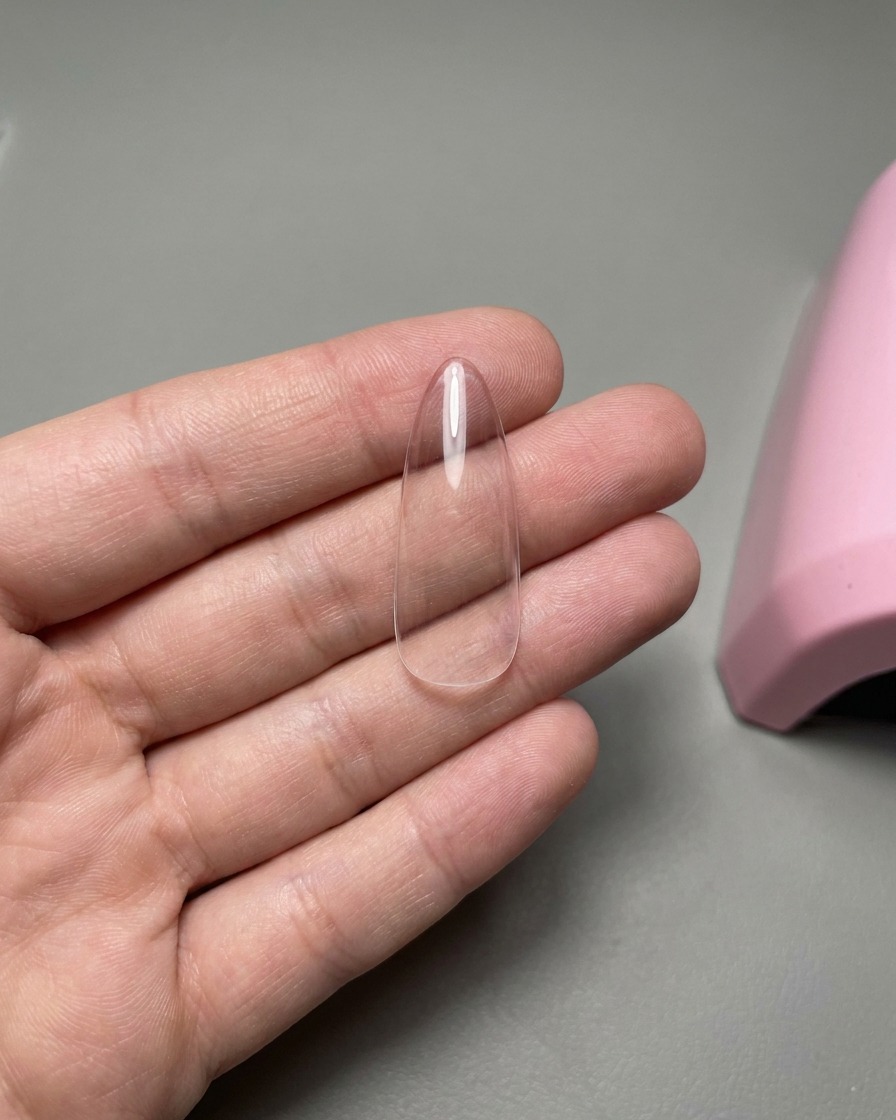 クリアなネイルチップにフレンチネイル用のガイドステッカーを貼っている様子。