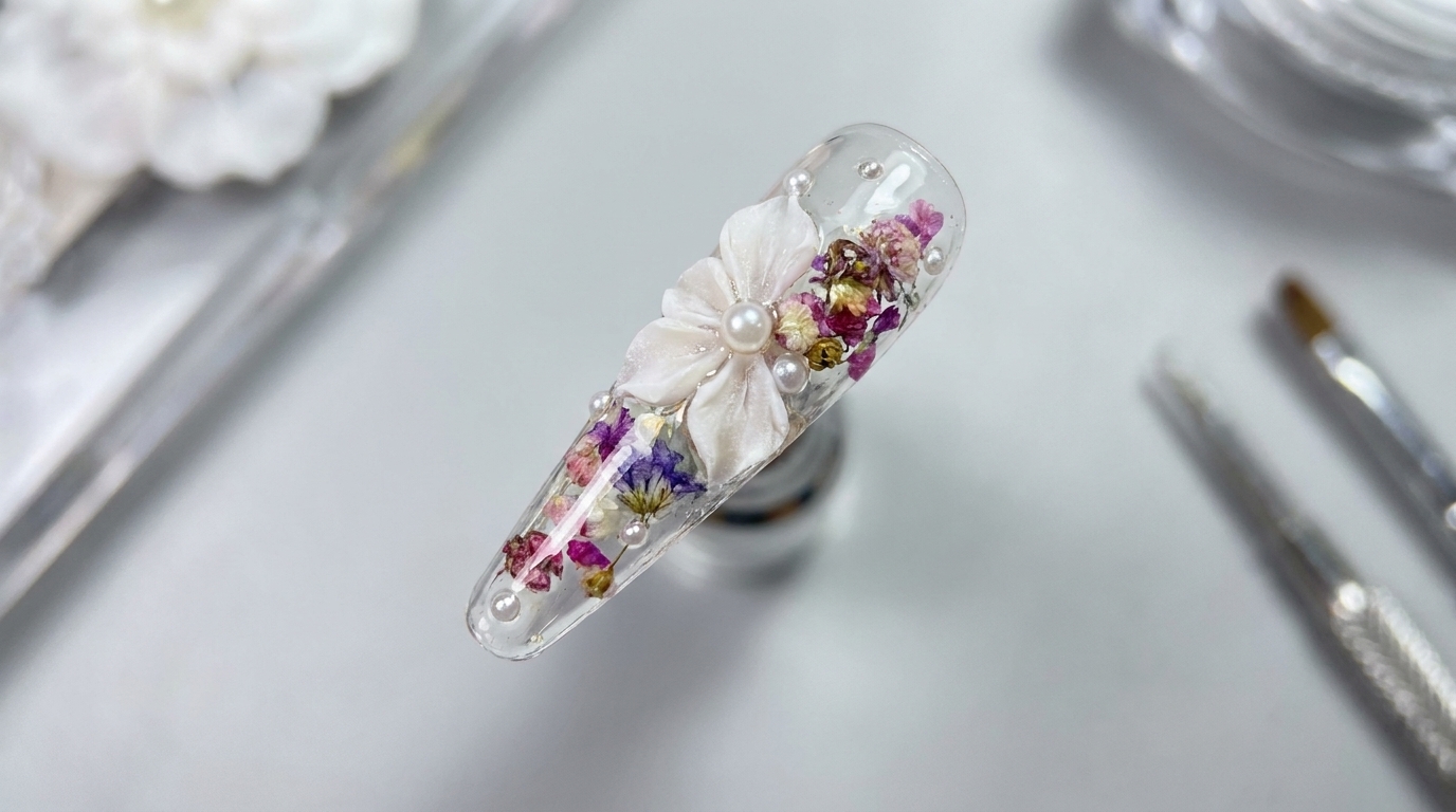氷のように美しい！押し花と3Dフラワーの透明感ネイルチュートリアル