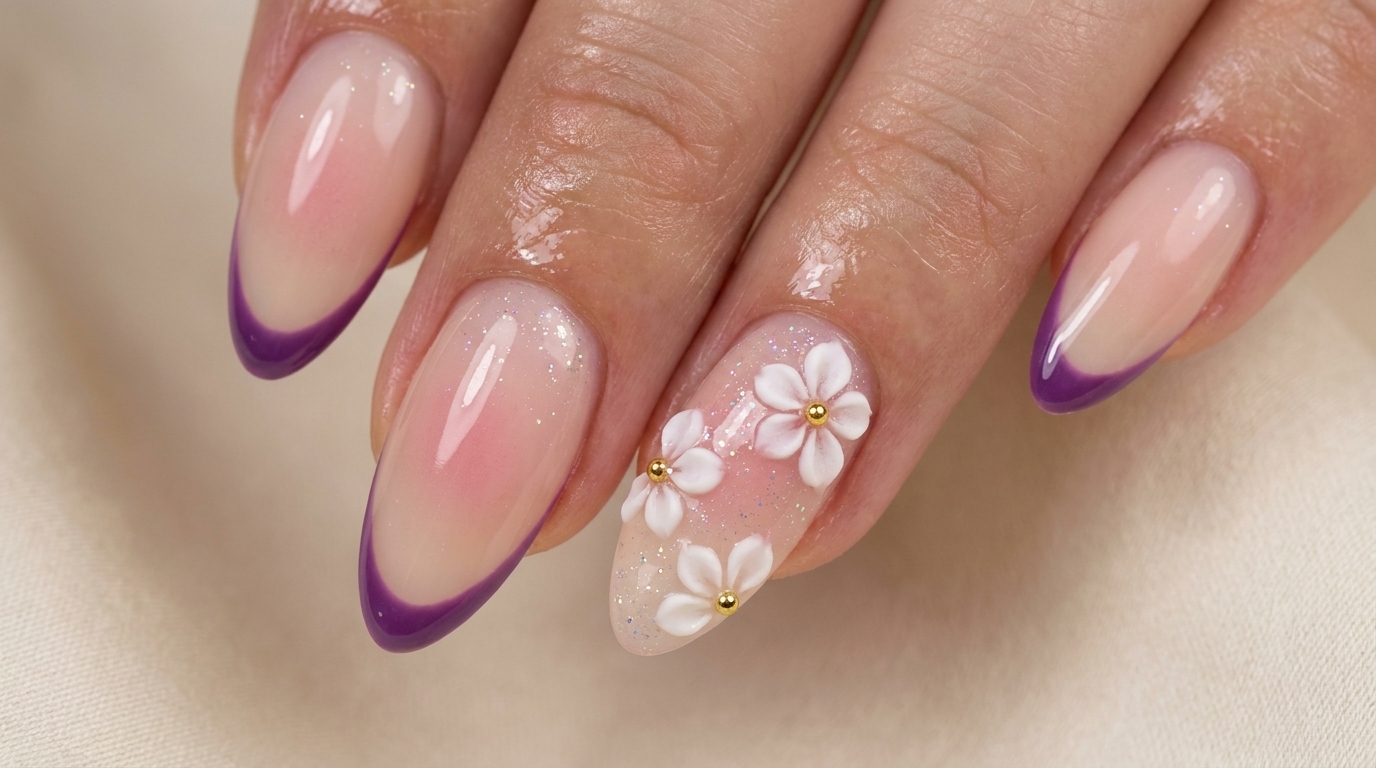 ピンクの桜とグリッターのフレンチネイルの作り方