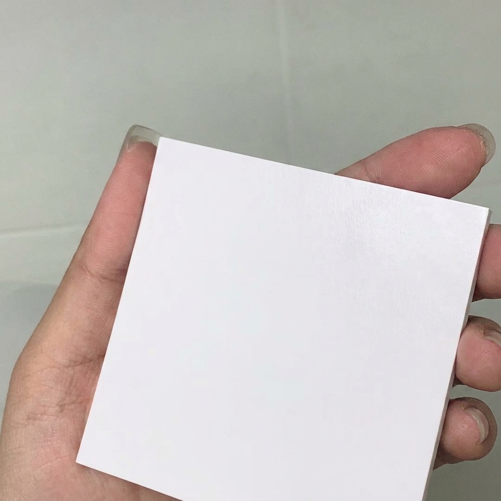 清潔な白い非多孔質の正方形のパレットシートを手に持っている様子。