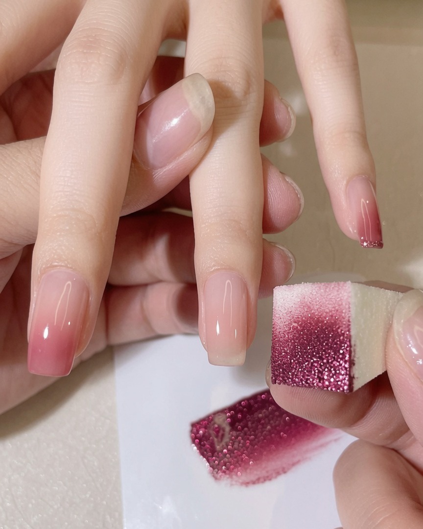 スポンジを爪先にポンポンと叩きつけ、柔らかなピンクのグラデーションを作っている様子。