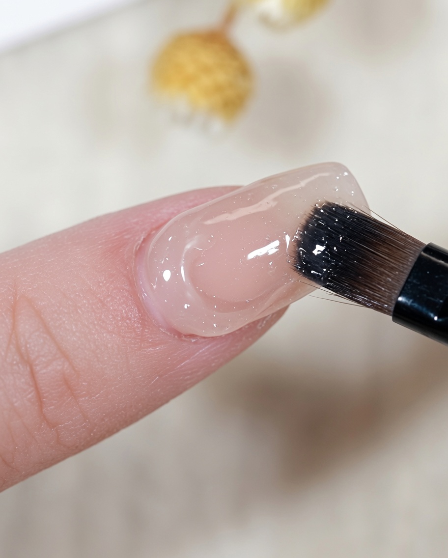 スポンジチップで質感を出した爪の表面に、オーロラパウダーを擦り込んでいる様子。