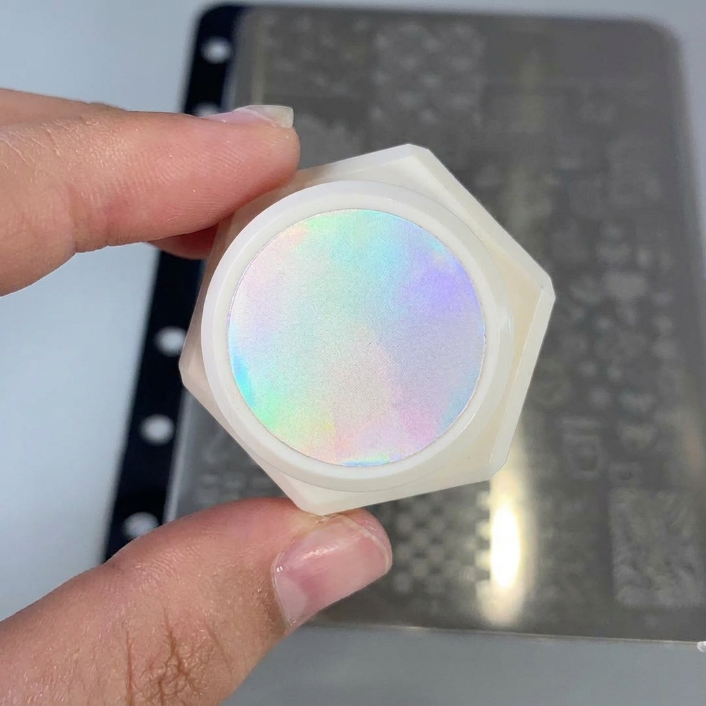 プレートの星のデザインに白いパールジェルを乗せている様子