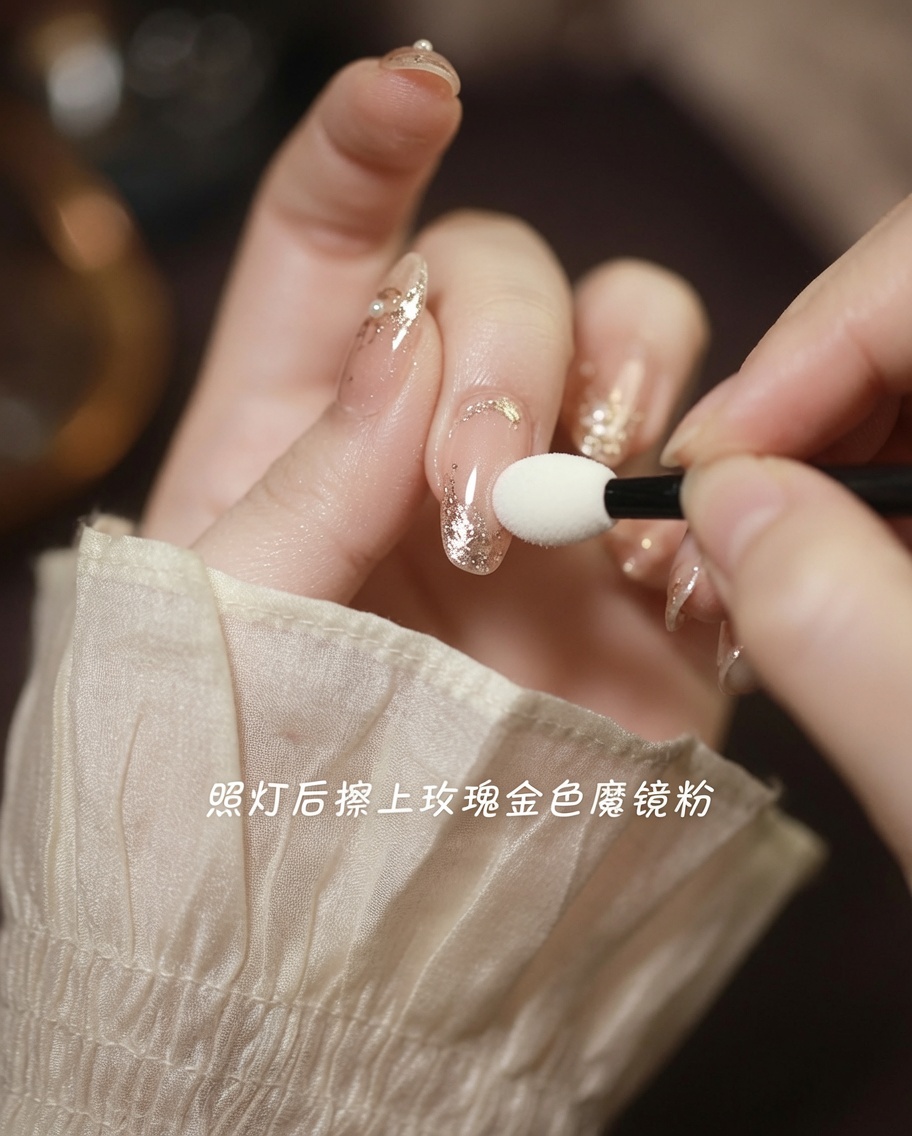アイシャドウチップのような小さなスポンジを使用し、爪の立体的なライン部分にローズゴールドのミラーパウダーを塗布しているクローズアップ。