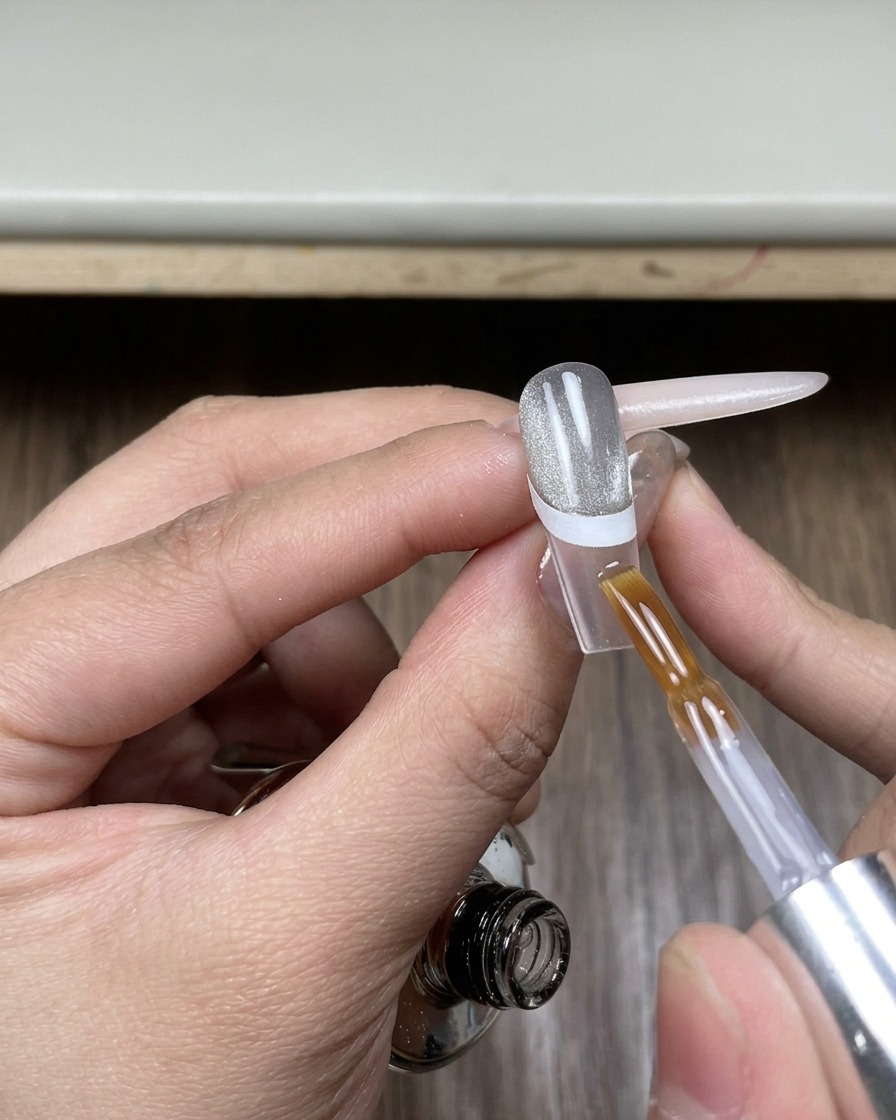 白いフレンチシールのカーブに沿って、爪先の露出部分にクリアでツヤのあるトップコートを細い筆で塗っている様子。