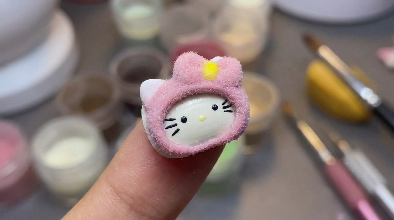 ふわふわベルベットネイル：ハローキティの3Dジェルアートの作り方