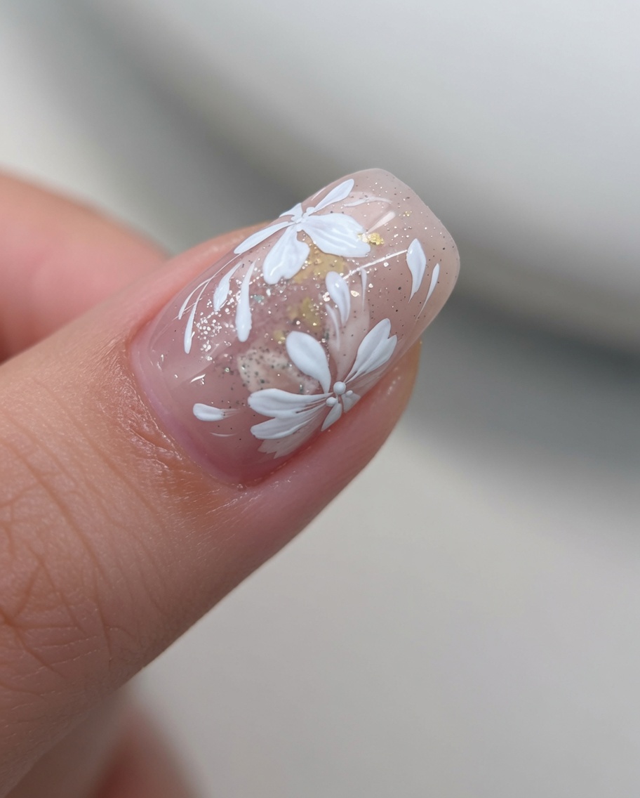 細筆を使って白い花びらを描いている様子。