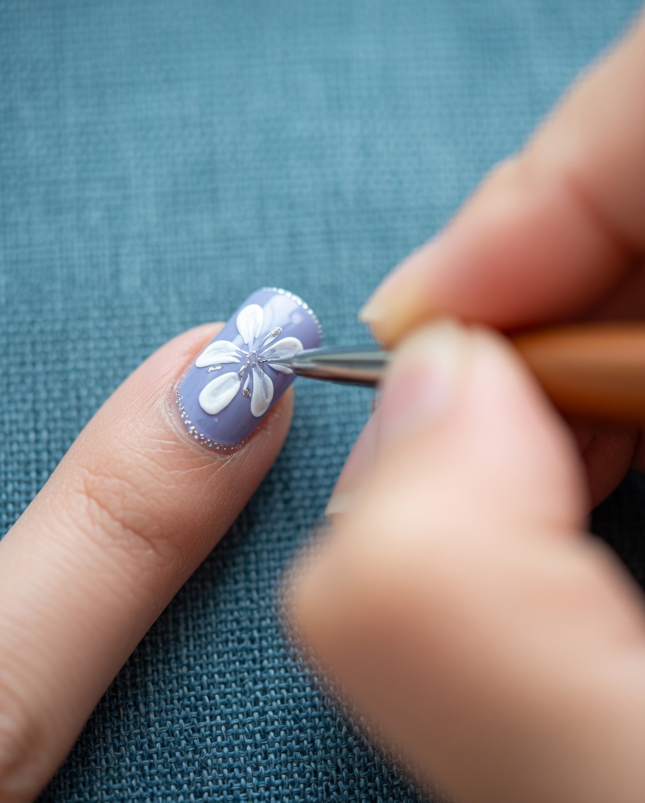 白い花びらがバランスよく描かれたグレーベースのネイル。