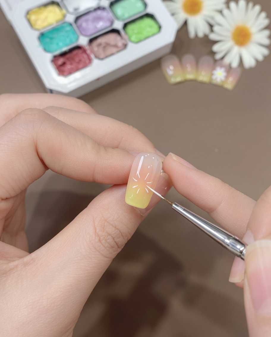 細筆を使い、ピンクとイエローのネイルの上にデイジーの花びらの位置を示す薄い線を引いている様子。