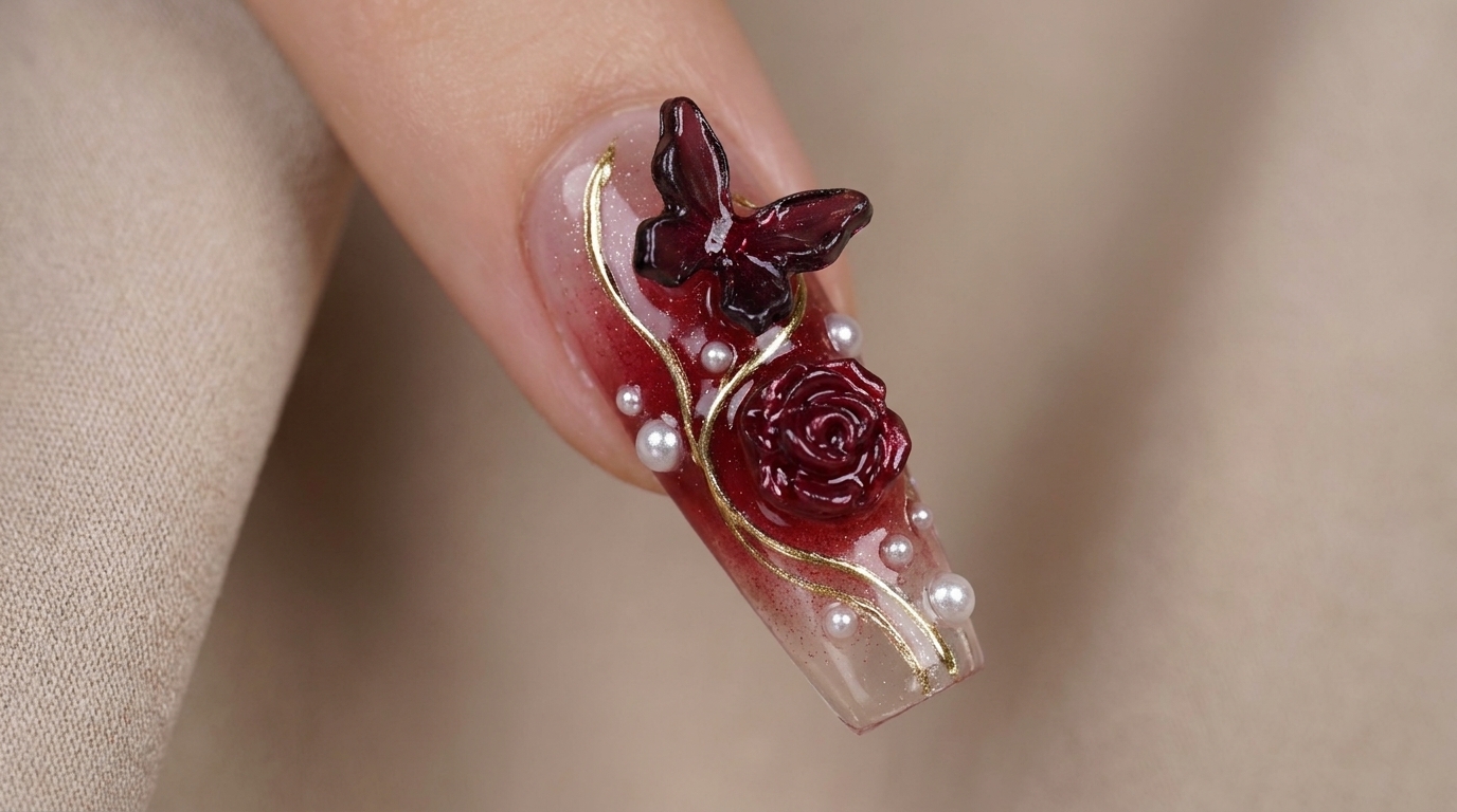 ワインレッドの蝶と薔薇が彩るニューイヤー向けジェルネイルデザイン