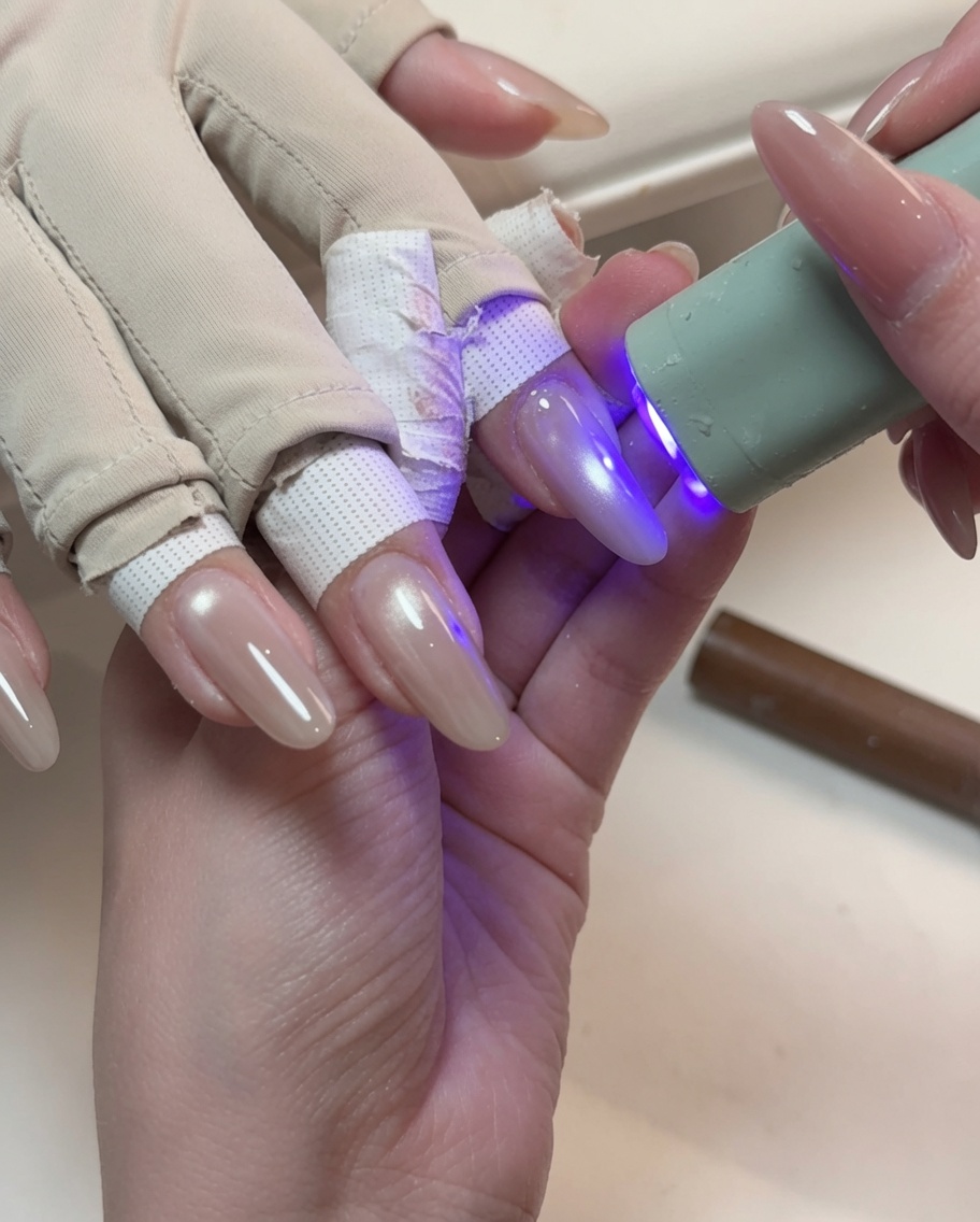 小さな青色のハンディ型UVランプが、マニキュアされた指の光沢あるキャッツアイジェルを硬化させている様子。