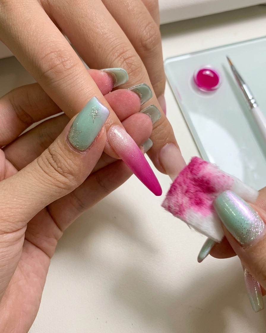 ピンセットでスポンジを持ち、爪にピンクのジェルを叩き込んでいる手元のアップ。