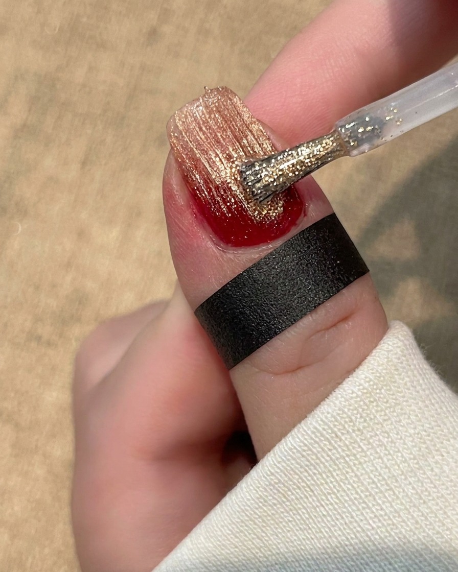 小さく硬めのブラシを使って、爪の艶やかなジェル層の中に真っ直ぐなテクスチャーのラインを引き出している様子。