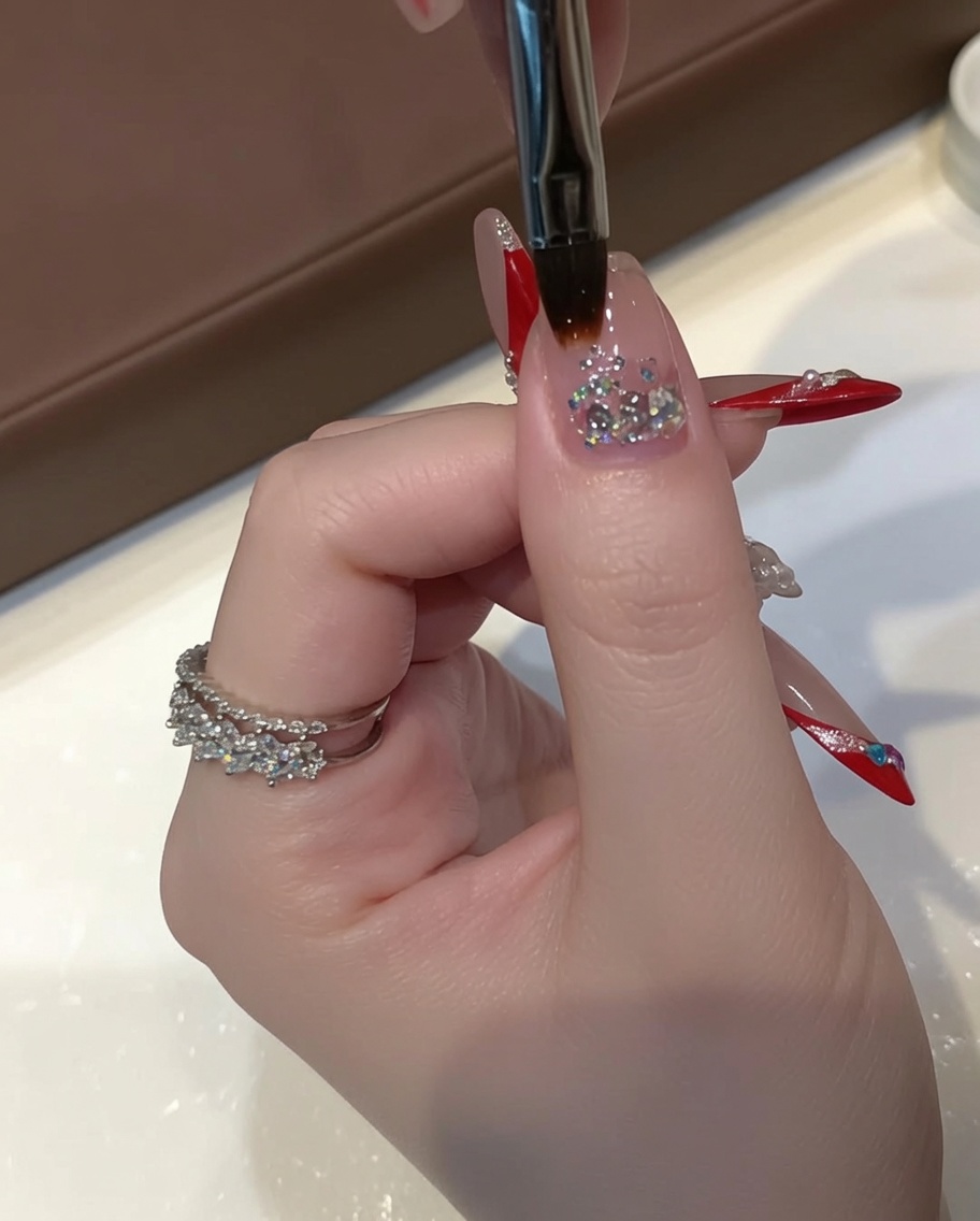 ディテールブラシを使って、スパンコールジェルを爪の中央に向かって優しく引き延ばし、フェードするグラデーションを作っている様子。