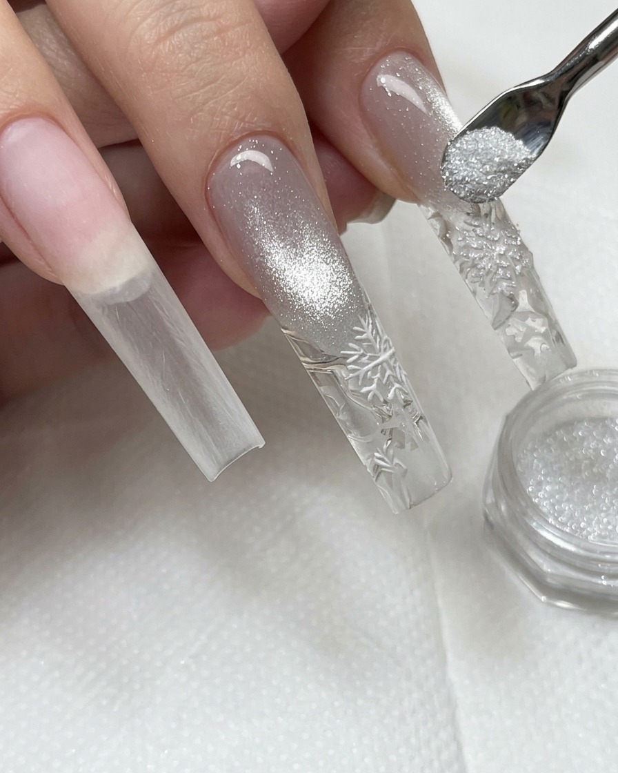 小さなツールを使用して、濡れたジェルネイルアートの上にきらめくダイヤモンドパウダーを振りかけている様子。