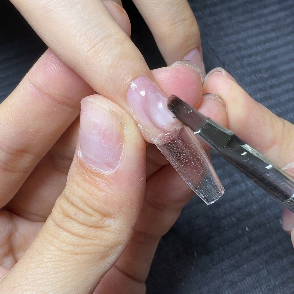 ジェルブラシで、爪のキューティクル付近にクリアなビルダージェルの大きなミードを置いている様子。