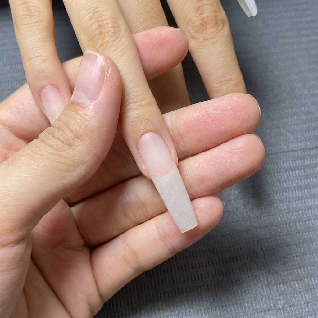 均一で滑らかな質感を示している、マットにバフがけされたロングアクリルまたはジェルネイルエクステンションのクローズアップ。