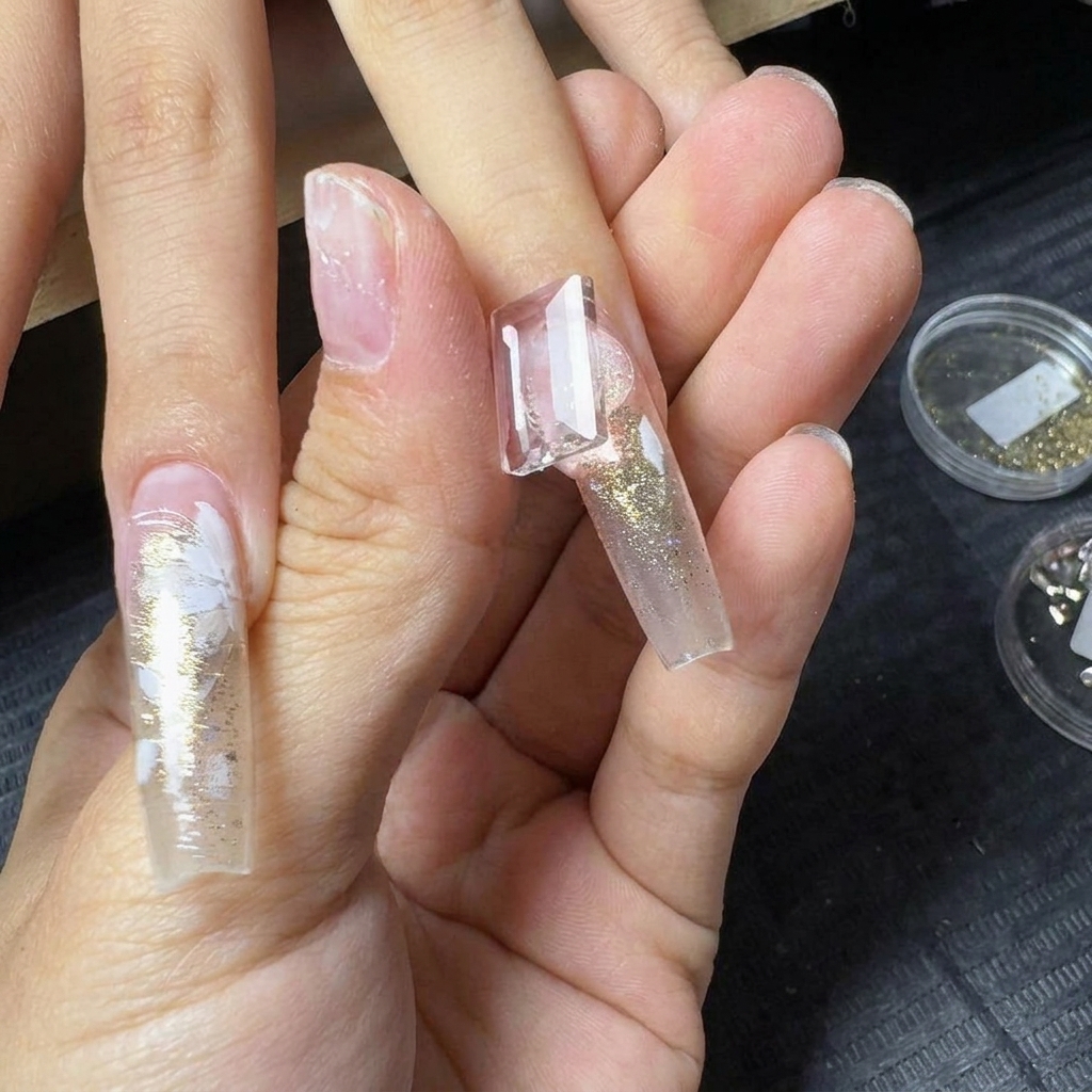 精密なピンセットで、爪のキューティクル付近に大きな長方形のクリアジェムストーンを配置している様子。