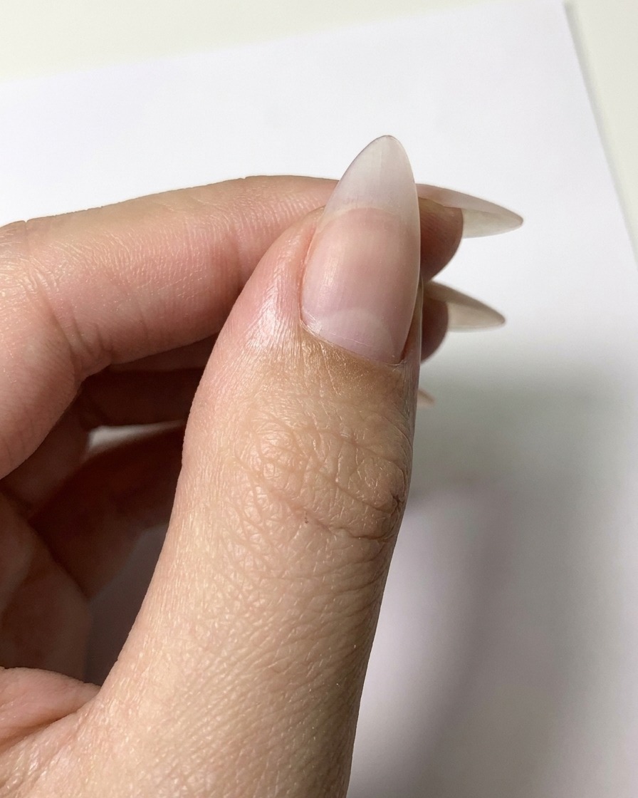 マットなヌードのネイル表面に、細かいライナーブラシを使って白いジェルのアウトラインを描き、花びらの形を形成している様子。