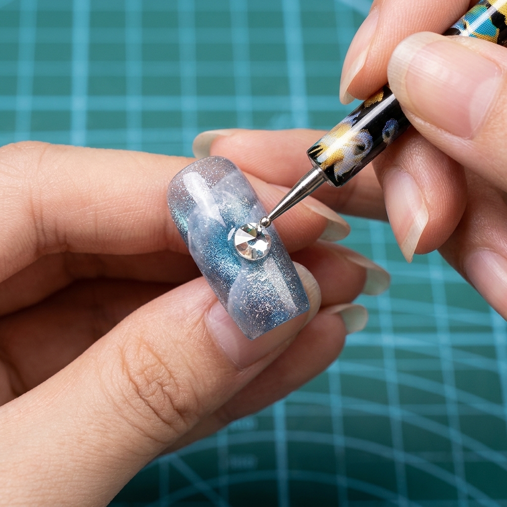 ワックスピッキングツールを使って、装飾されたネイルの中央に丸いファセット加工されたクリアクリスタルチャームを配置している様子。