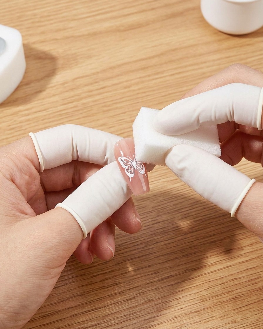 手袋を着用した手が白いスポンジを使い、ネイル上のバタフライステンシルに白いジェルをポンポンと乗せている様子。