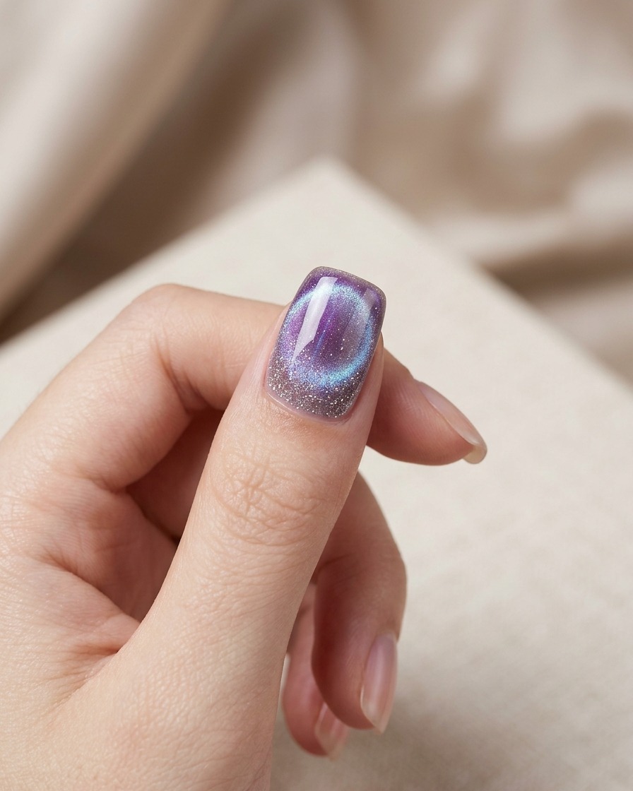 パープル系のキャッツアイネイルデザインを小型のUV/LEDネイルランプの下で硬化させている手。