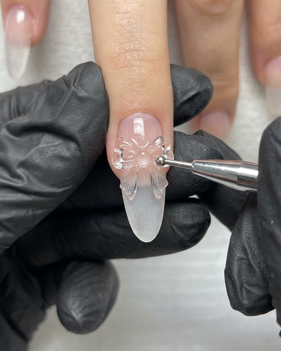 手袋を着用した手が細いディテールツールを持ち、長めのネイル上で3Dリボンボウの構造を整えている様子。