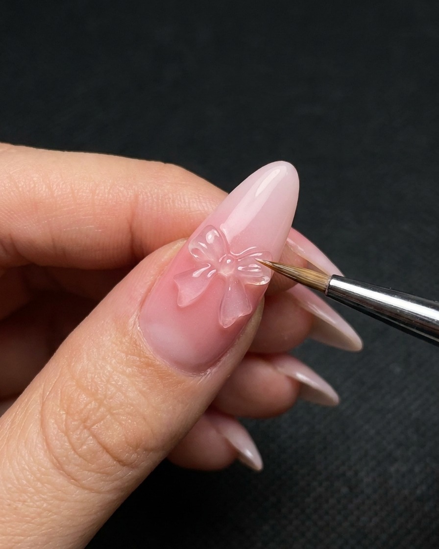 マニキュアされたネイル上の3Dジェルリボンのエッジを、極細ライナーブラシで縁取っている様子。
