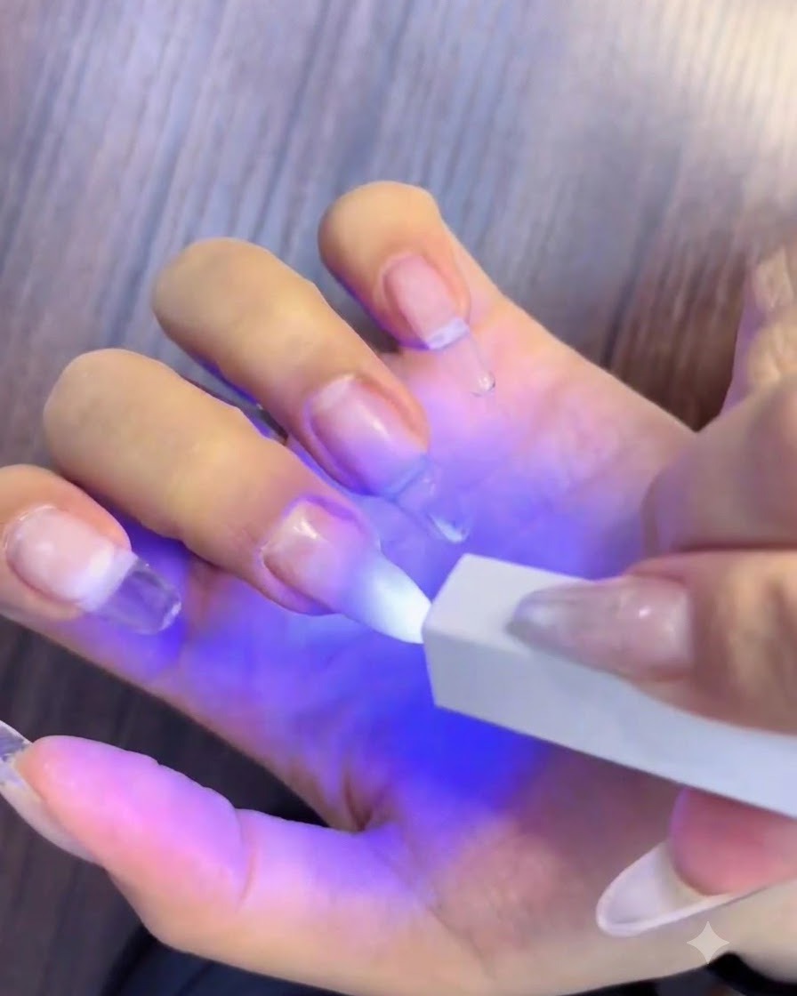 ポータブルUV LEDランプの下でホワイトとピンクのグラデーションネイルを硬化させている手。