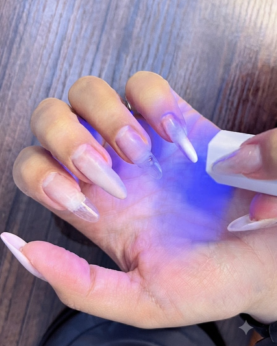ジェル塗布を確実にするため、ミニUV LEDランプの下で硬化されているネイル。