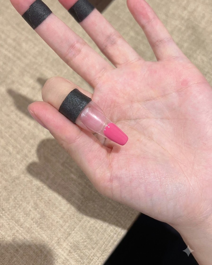 ピンクのジェルが爪の先端部分にきれいに塗られた指のクローズアップ。