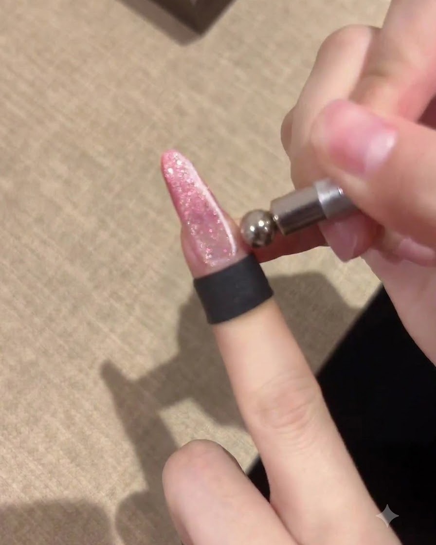 球状の先端を持つ小さなマグネットスティックを使い、延長されたピンクのネイル上でキャッツアイジェルポリッシュの形状を整えている手のクローズアップ。