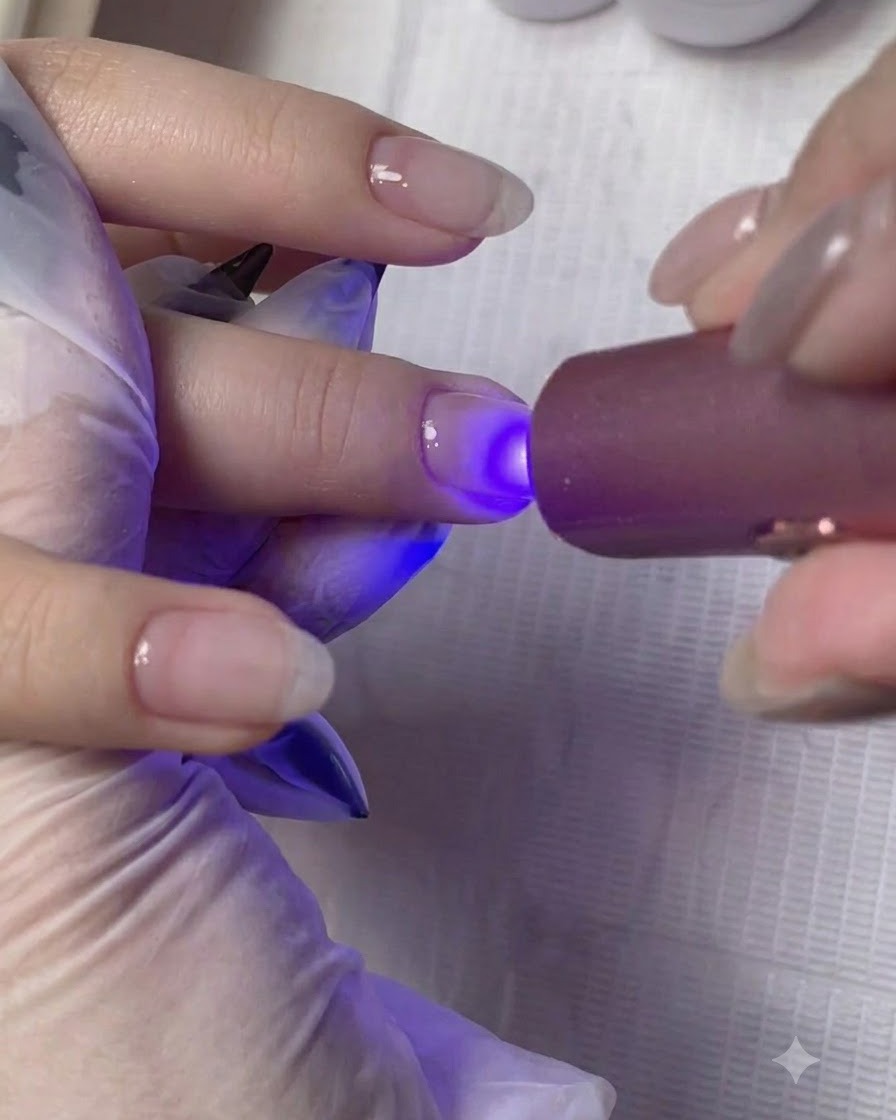 UV・LEDランプの下に指を置き、ビルディングジェルの層を硬化させて構造を固めている様子。