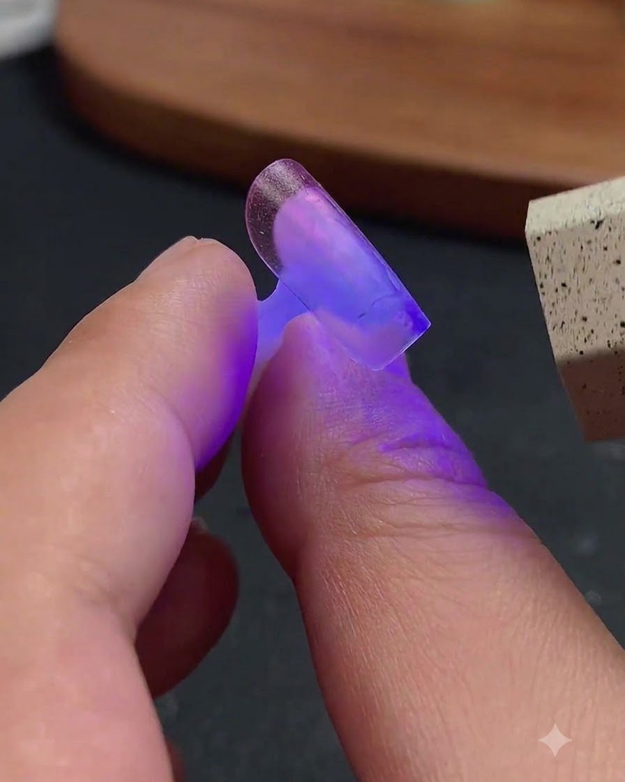 指の間で持たれたクリアネイルエクステンションチップに、ミニUV/LED懐中電灯が紫色の光を照射している様子。
