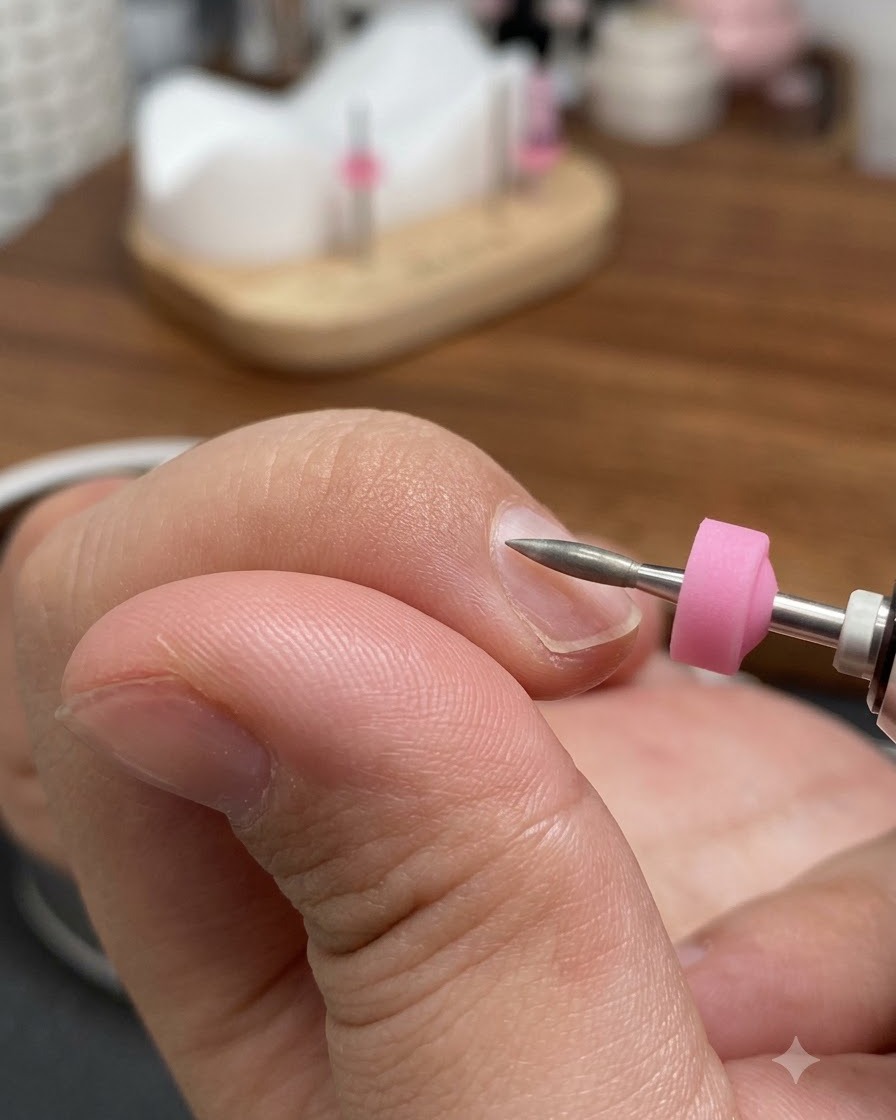 自爪のキューティクルエリアの近くで、テーパービットを備えた電動ネイルファイルが作業している様子。