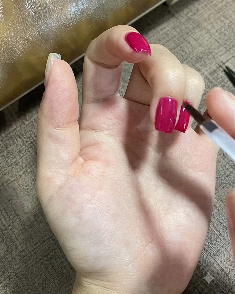 マニキュアを施した爪の表面に、ネイルブラシで丁寧にマットトップコートを塗っている様子。