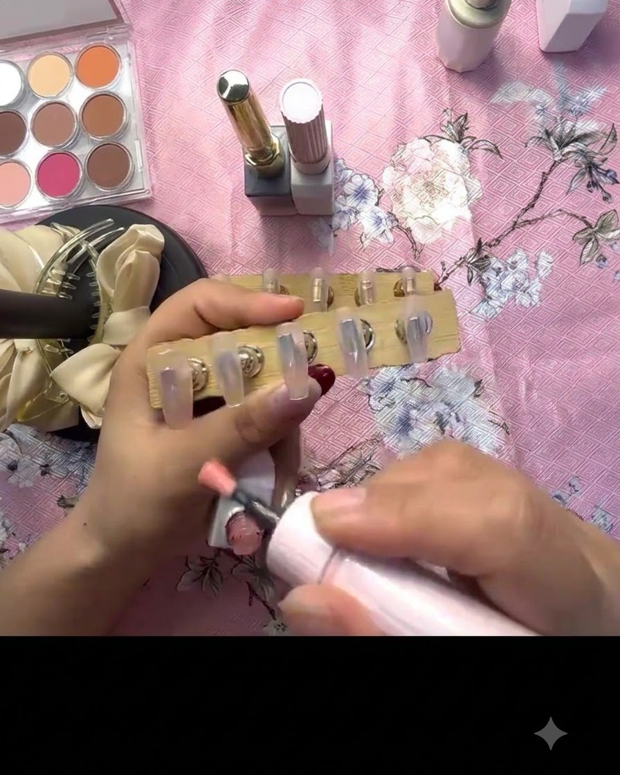木製のスタンドに固定されたプレスオンネイルに、ブラシで半透明のピンクジェルを塗布している様子。