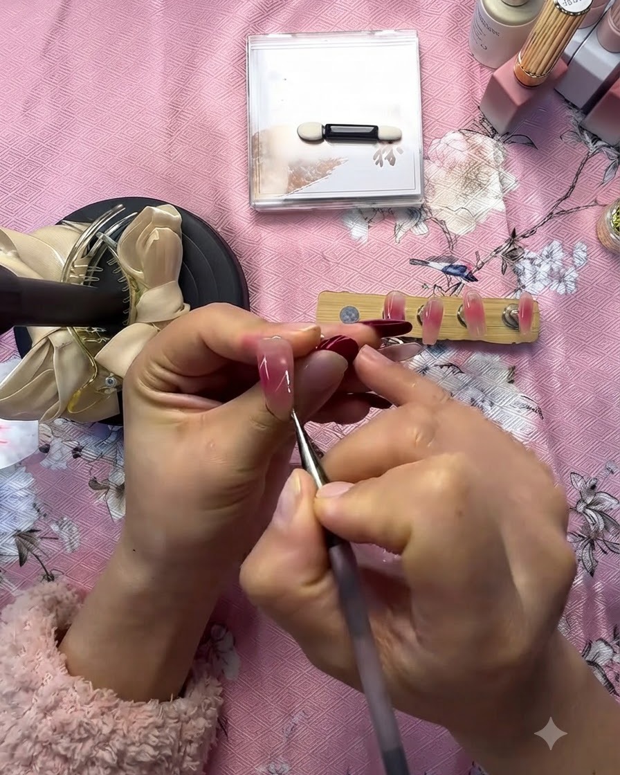 細いライナーブラシで、ピンクのグラデーションのプレスオンネイルに白いハートの形を描いている様子。
