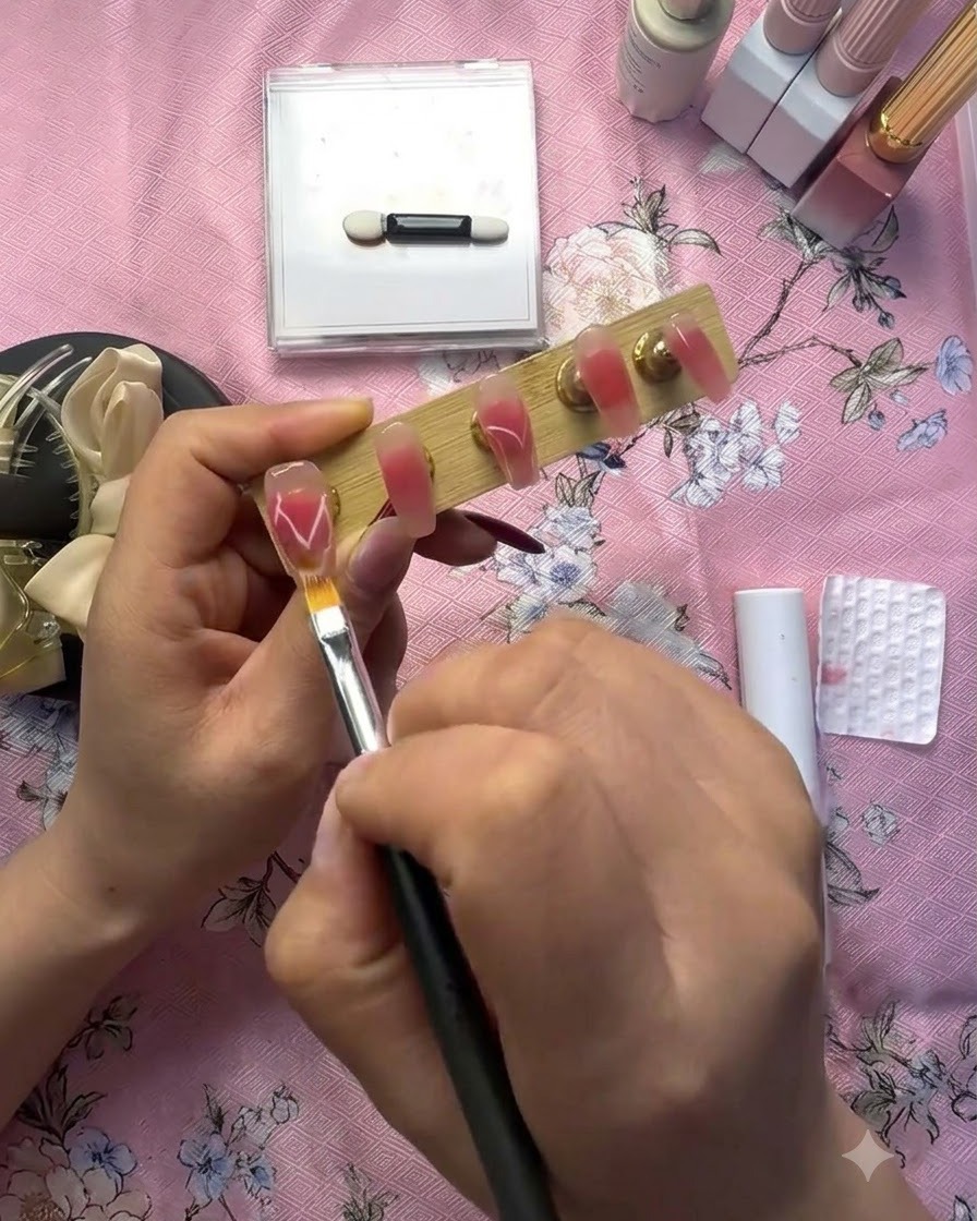 ディテールツールを使って、白いハートデザインの隣の濡れたジェル表面にきらめく金箔のフレークを配置している様子。