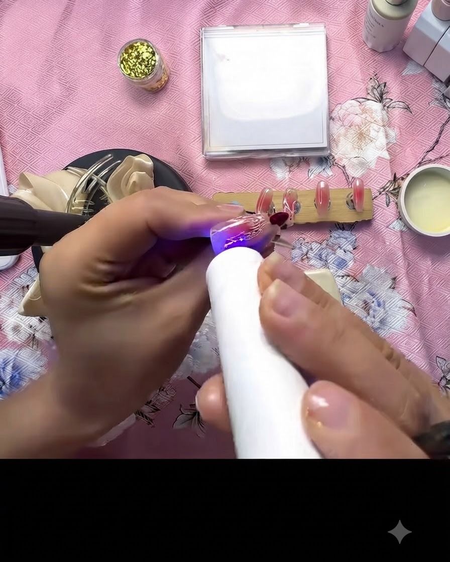 装飾されたネイルの小さな3Dアクセントドットを、ミニUV/LEDランプで硬化させている様子。