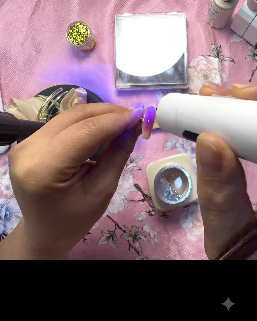 金箔のディテールが施されたデコレーション済みのピンクのアクセントネイルの最終セットを、UVランプで硬化させている様子。
