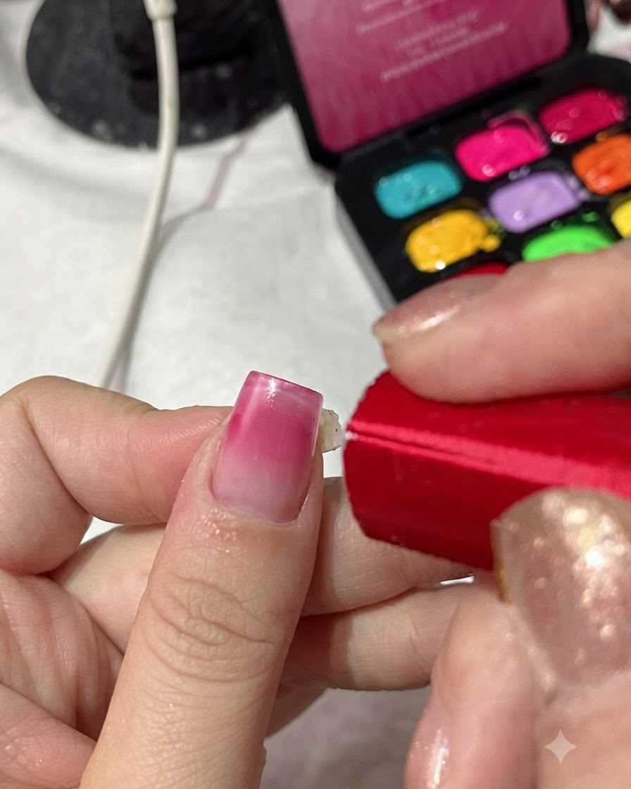 新しく色を塗ったグラデーションの爪の真上に、コンパクトな赤いUV/LED硬化ランプをかざしている手。