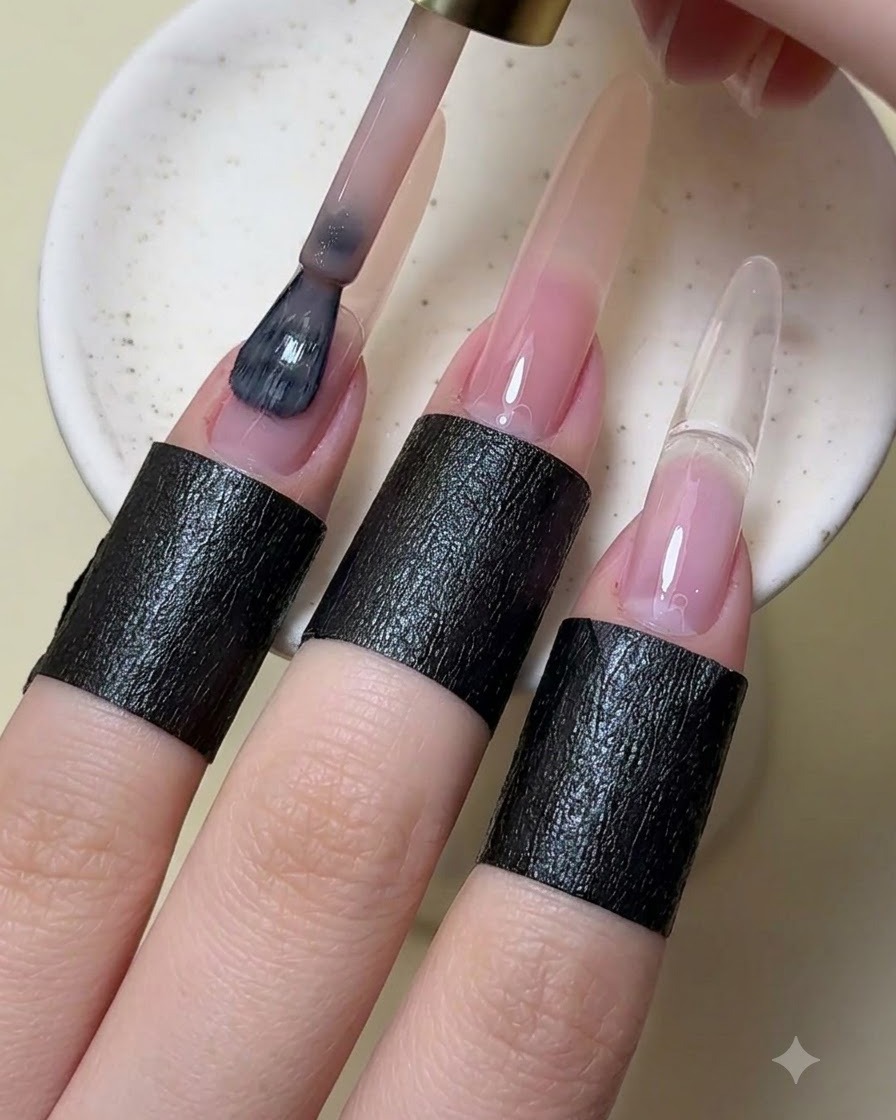 マニキュアブラシを使って、長さ出しした爪にヌードカラーのジェルポリッシュを塗っている様子。