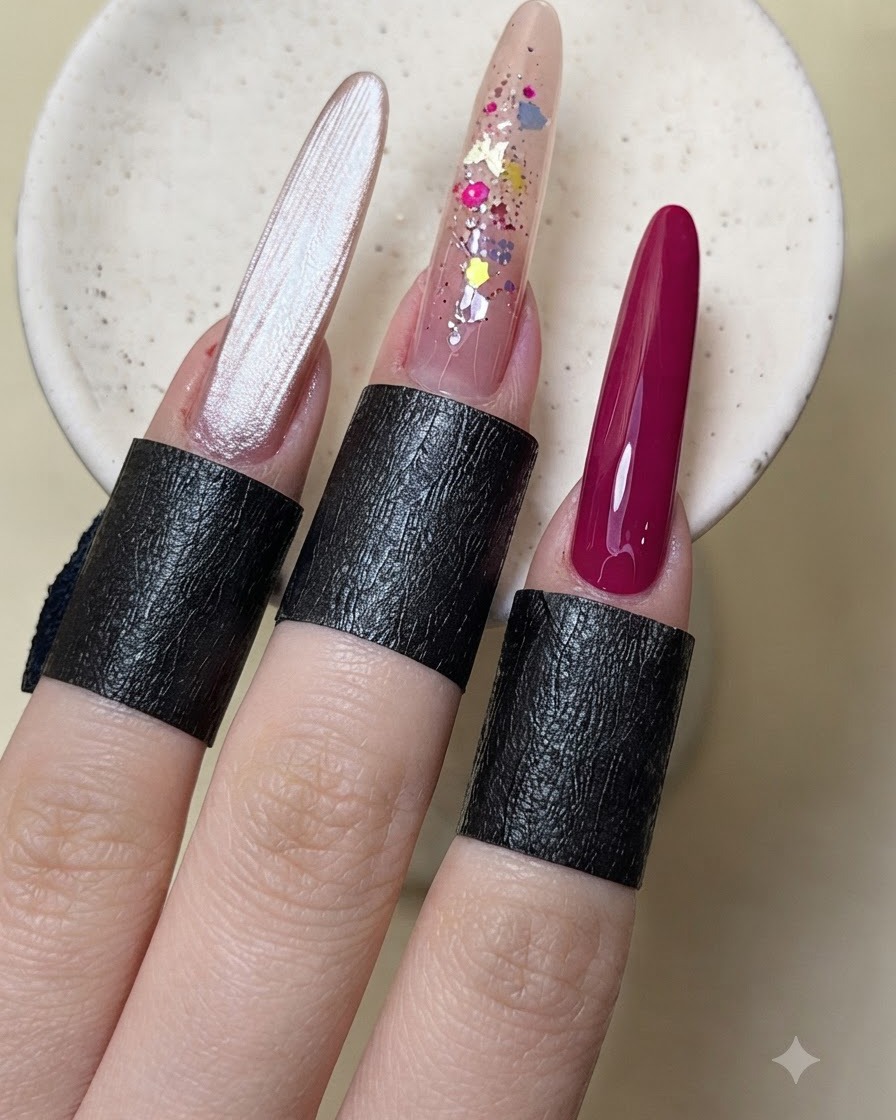 キャッツアイやグリッターが埋め込まれた完成したネイルデザインを見せているマニキュアを施した手。