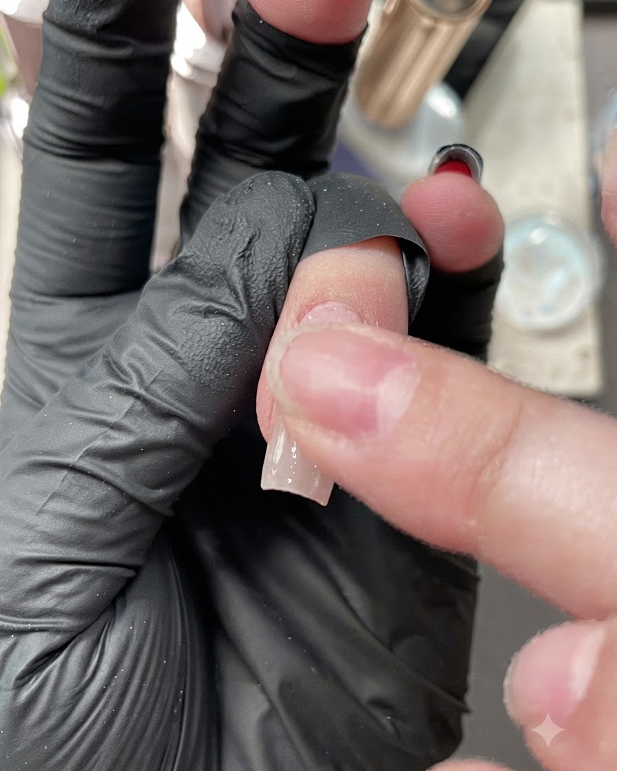 手袋をした指で、ポリッシュ仕上げの爪の表面に混ぜ合わせたオーロラパウダーを擦り込んでいる様子。