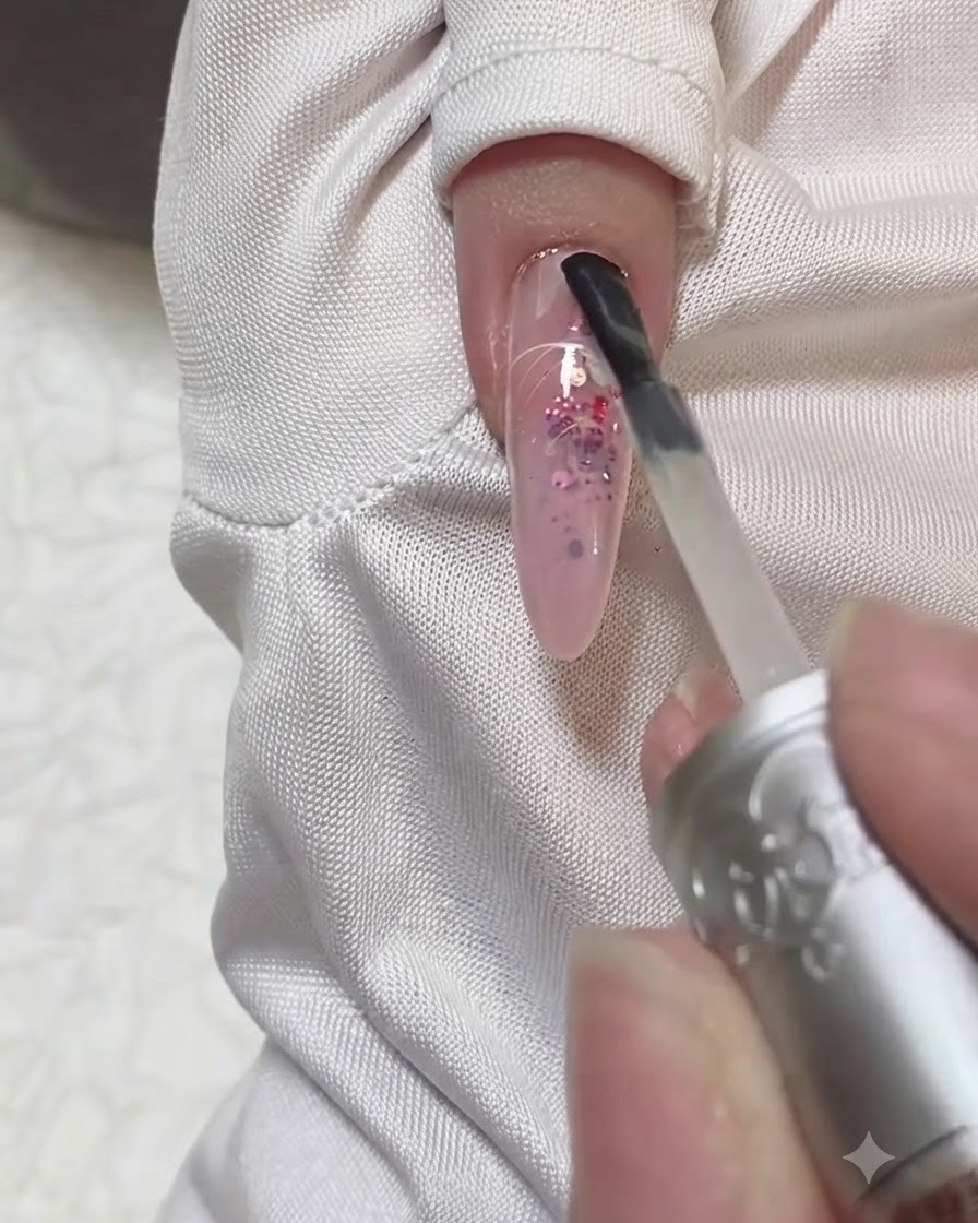 アーモンドシェイプの爪の上に最後の光沢のあるトップコートをブラシで塗布している様子。