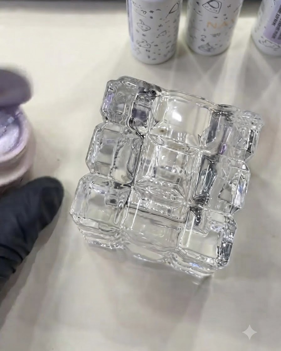 透明なスクエアディスプレイブロックの横に開けられた、フラッシュキャッツアイジェルのボトル。