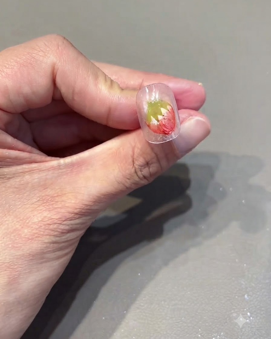 小さな白いドットが描かれた赤いイチゴのデザインを示すネイルのクローズアップ。