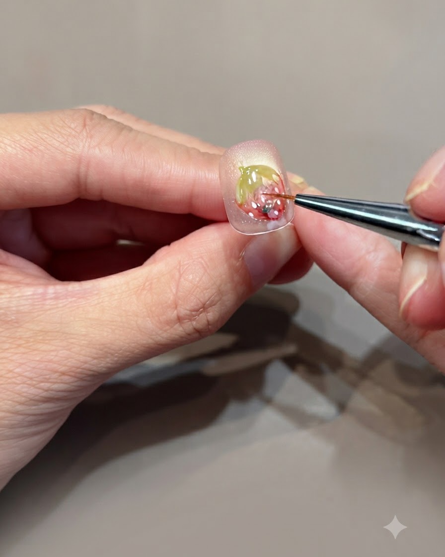 3Dのボリュームを作るために、イチゴのネイルアートデザインの上にクリアなハードジェルを塗布している細いブラシ。