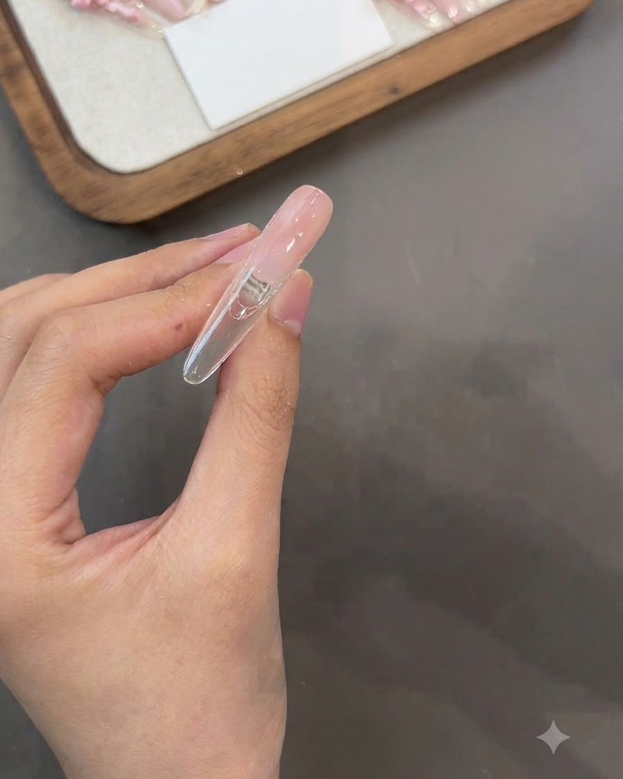 ネイルチップを裏返しに持ち、裏面にベースジェルを塗布している様子。